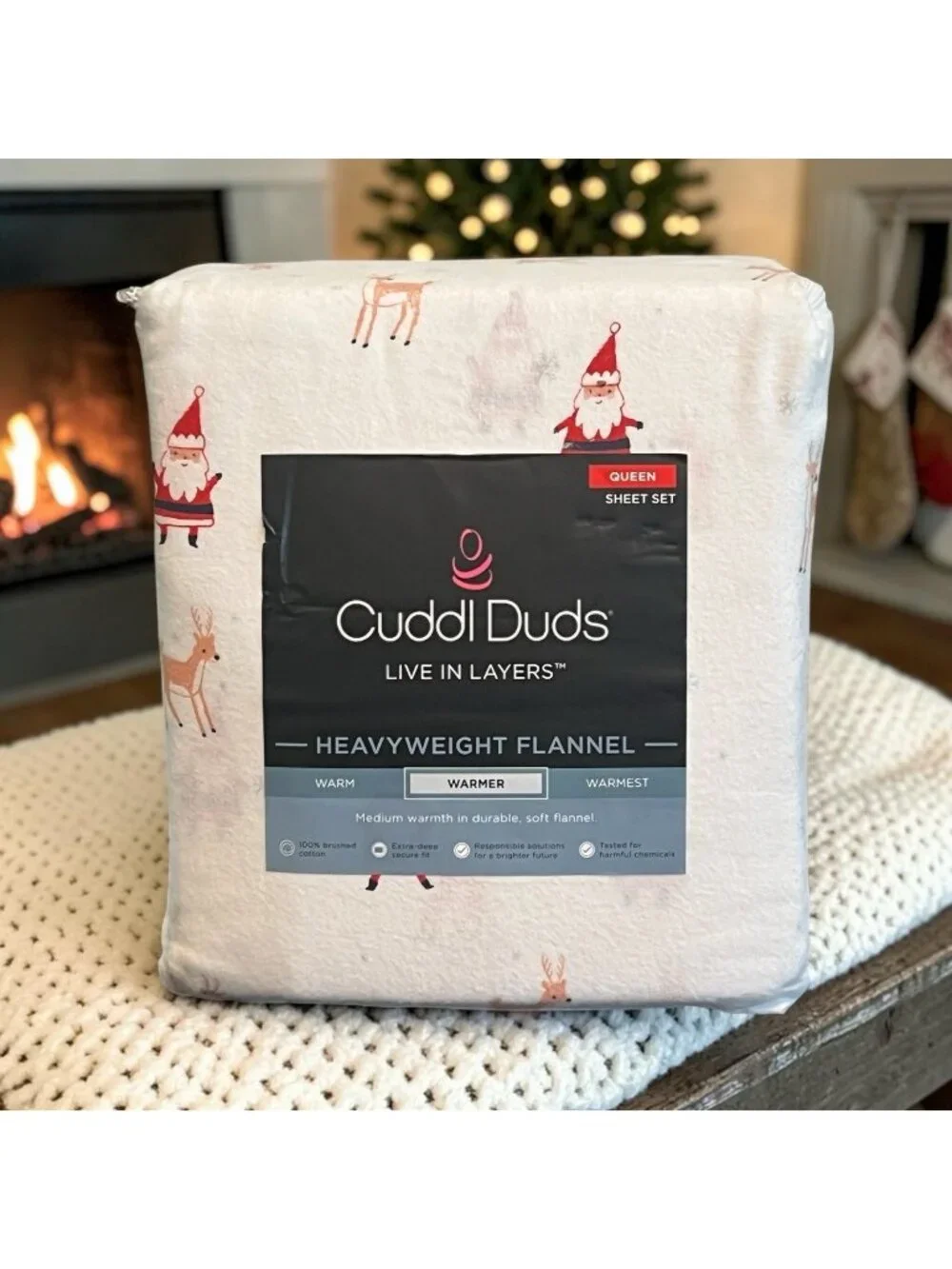 Cuddl Duds Queen Heavyweight Flannel Sheet Set Christmas Santa Reindeer NWT